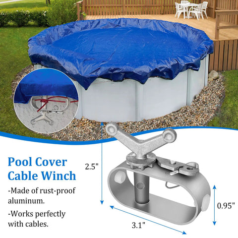 Heavy Duty 100 Foot Pool Cover Cable And Aluminum Winch Kit shown installed on above ground pool with blue cover