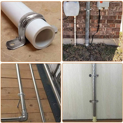 Ten Pack 4 Inch Rigid Stainless Steel Pipe Straps With Two Hole U Brackets securing pipes in various installations