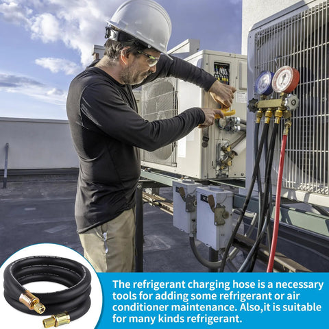 Boltigen 1/2 in ID vacuum refrigerant hose, black with brass 3/8–1/4 flare fittings, 6 ft for HVAC/refrigeration.