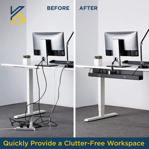 Two Pack Under Desk Cable Management Tray 16.5 Inch Wire Organizer For Power Strips And Cords Heavy Duty Steel Cable Tray Before and After Comparison