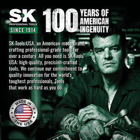Man with tattoos in front of SK Tools 100 Years of American Ingenuity poster.