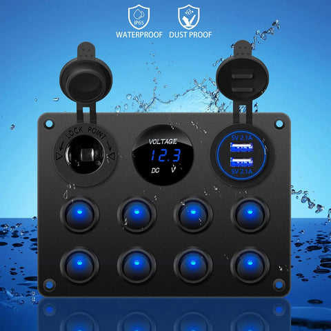 Beefy 8 Gang Rocker Switch Panel With 12V Waterproof Toggle Switches LED Digital Voltmeter 4.2A Dual USB Charger shown with water drops