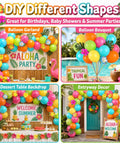 Colorful Tropical Balloons Pack 12 Inch Set With Jungle Leaves And Floral Accents For Birthday Parties Baby Showers Luaus And Poolside Summer Decor That Bring Serious Party Vibes In Green Teal Blue Hot Pink Orange Yellow Latex displayed in various arrangements for event decor.