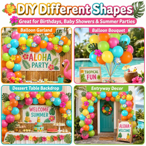 Colorful Tropical Balloons Pack 12 Inch Set With Jungle Leaves And Floral Accents For Birthday Parties Baby Showers Luaus And Poolside Summer Decor That Bring Serious Party Vibes In Green Teal Blue Hot Pink Orange Yellow Latex displayed in various arrangements for event decor.