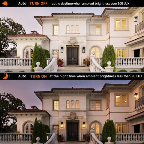 Two Pack Dusk To Dawn Outdoor Wall Lanterns With Photocell Sensor Exterior Porch And Garage Lights In Vintage Matte Black shown in day and night