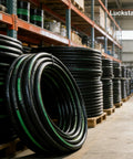 Hydraulic hose coil, black with green stripe, steel-braided; warehouse with rolled hoses; Luckstar logo visible.