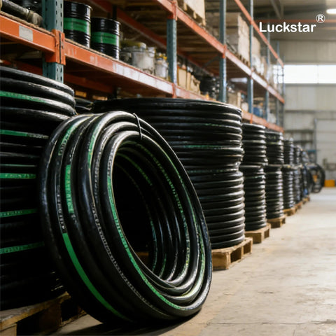 Hydraulic hose coil, black with green stripe, steel-braided; warehouse with rolled hoses; Luckstar logo visible.