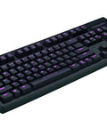 Premium Red Mechanical Gaming Keyboard Displaying Bold Per Key Full RGB Color Backlight And Responsive Keys, viewed from left angle.