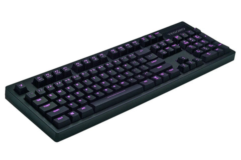 Premium Red Mechanical Gaming Keyboard Displaying Bold Per Key Full RGB Color Backlight And Responsive Keys, viewed from left angle.