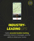 Bivy Stick Mesh Satellite Communicator Go Anywhere With LoRa Enabled Mesh And Global Iridium Coverage Two Way SMS GPS Tracker Group Messaging SOS Emergency And 24 Hour Reserve Battery For iOS And Android showing GPS map and tracking features