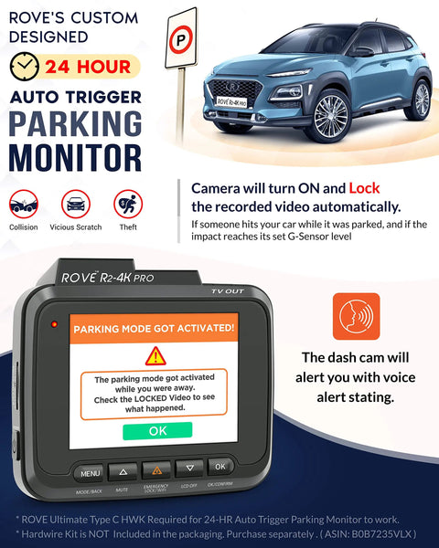 4K UHD Dash Cam With Built-In GPS And 5G WiFi For Cars showing parking mode activation alert on screen