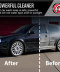 Car before and after using PH Neutral Car Wash Soap For Snow Foam Cannon And Pressure Washer 5 Gallon Bucket Auto Detergent.