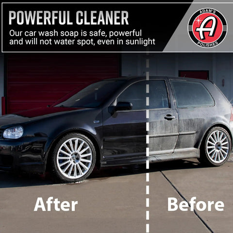 Car before and after using PH Neutral Car Wash Soap For Snow Foam Cannon And Pressure Washer 5 Gallon Bucket Auto Detergent.