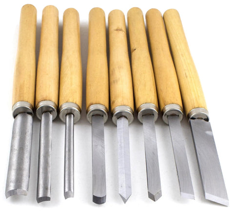 8 Piece Wood Turning Chisel Set For Lathes Including Skew Spear Point Parting Tool Round Nose And Three Gouge Tools, wooden handles