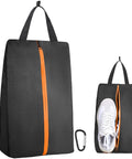 Smell Proof Shoe Bag For Travel And Gym Odor Blocking Waterproof Golf Kicks Bag with orange zipper and handle, holding white shoe