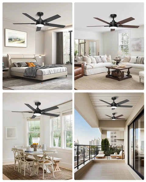 52 Inch Smart Ceiling Fan With Lights Black, Alexa And Google Home Ready, installed in various room settings