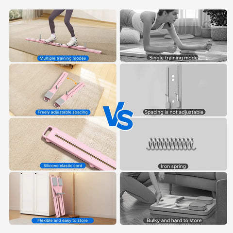Comparison of Heavy Duty Pilates Board And Versatile Ab Trainer Kit in pink, showing adjustable spacing and silicone elastic cord.