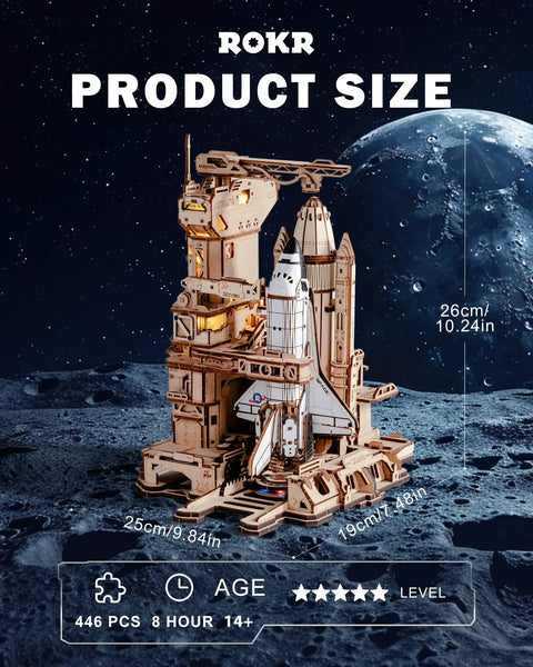 Space Shuttle 3D Puzzle For Adults With Lighting, Interactive DIY Building Model on moon surface, size details displayed