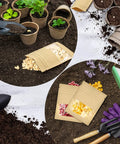 Gardening tools, soil, and seeds in 100 Pack Resealable Mini Kraft Bags With Window For Samples displayed on soil with seedlings.