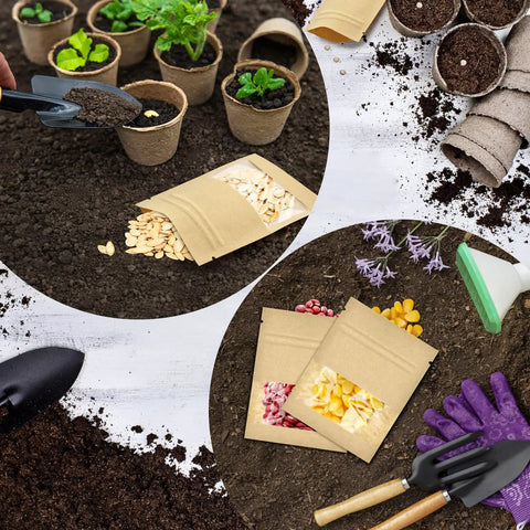 Gardening tools, soil, and seeds in 100 Pack Resealable Mini Kraft Bags With Window For Samples displayed on soil with seedlings.