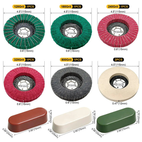All In One 10-Piece 4.5 Inch Metal Polishing Kit showing various grit wheels and polishing compounds with 7/8 inch arbor