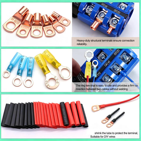 Battery Cable End Lugs 130 Pcs Copper Ring Terminals and Heat Shrink Connectors for AWG 2 4 6 8 10 12 14 16 Gauge Durable Kit