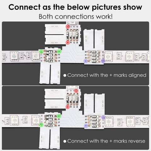 Diagram showing T Shape 4 Pin LED Connector Kit, Plug And Play Ready, 10 Pack 10mm wide unwired solderless gapless adapters connections.
