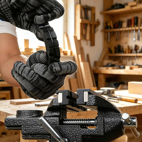 User holding tool with grippy soft jaws on Badass 3.2 Inch Bench Vise With Fully Swiveling 360 Rotation for woodworking tasks.