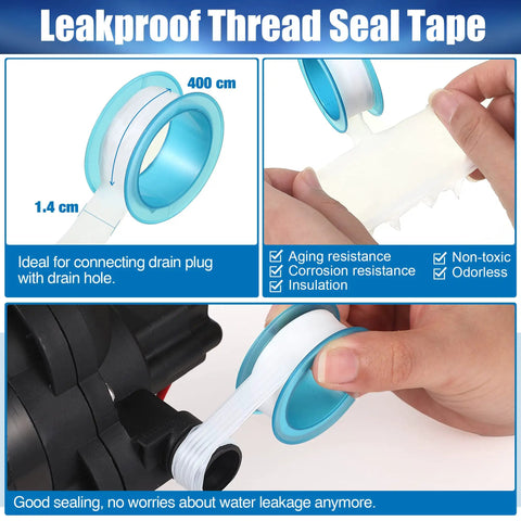 1/2 Inch To 14 NPT Barb Elbow And Straight Swivel RV Water Pump Fittings With Thread Seal Tape shown with 400 cm tape roll and hose