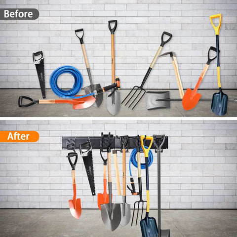 Before and after of 32 Inch Adjustable Garage Tool Storage Rack Wall Mounted Organizer With 8 Pieces And 6 Hooks Heavy Duty Garden Tool Hanger For Shovels Rakes And Yard Tools Holds Up To 300 Pounds showing organized tools.