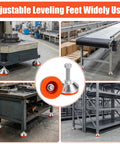 Four Pack Heavy Duty Adjustable Leveling Feet With M12 Thread And 2.36 Inch Base for workbenches, machines, and cabinets in use.