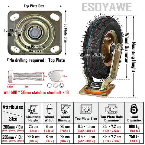 Heavy Duty Air Filled Pneumatic Rubber Casters Swivel And Fixed With Locking Brake Dual Ball Bearing showing mounting dimensions and specifications.