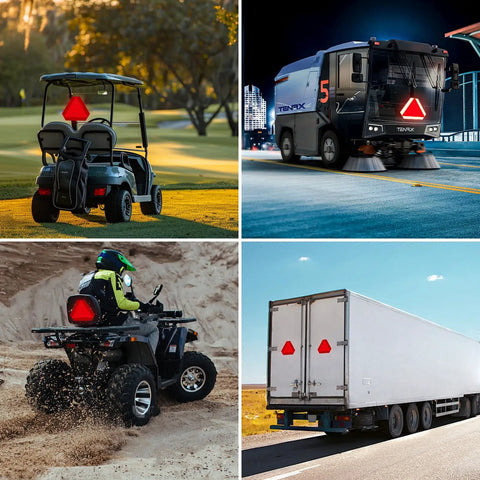 Rust Free Aluminum Slow Moving Vehicle Triangle Sign 14 by 16 Inch with 40 Mil Diamond Grade Reflective Material for Golf Cart Tractor UTV and Safety Signs Built to Last In All Weather installed on vehicles.