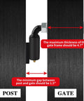 Front view of Skelang 5/8-inch J-bolt heavy-duty gate hinge pair on black wooden gate and post; adjustable barrel