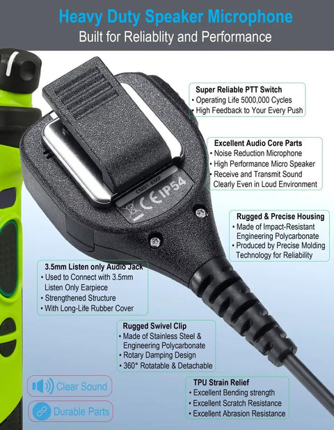 Top Notch Shoulder Microphone For Kenwood Radios, Works With NX And TK Series With Multi Pin Audio Connector, Rugged Clip