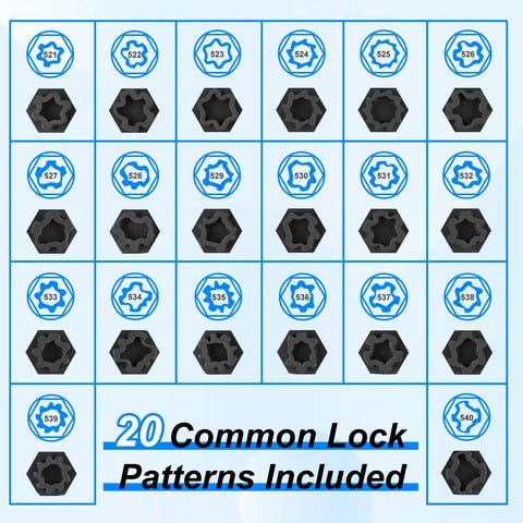 22 Piece Wheel Lock Removal Kit For VW Group Patterns 521 Through 540 Anti Theft Lug Nut Key Set showcasing pattern numbers