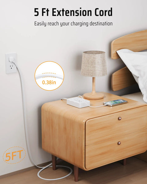 Heavy Hitter Power Strip Surge Protector With Six Wide Spread Outlet Plugs And Four Fast Charge USB Ports Including Dual Type C Inputs for a nightstand setup.