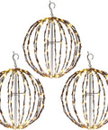 Three Pack 16 Inch LED Globe Light Balls For Indoor Outdoor Use With Fold Flat Metal Frame Waterproof And Lightweight Warm White Lights Perfect For Holiday Decor Patio Parties Weddings And Event Ambience, showing illuminated fold-flat metal frames.