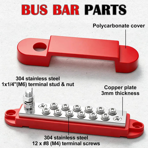 12V 150A Marine Bus Bar Power Block With 1/4 Inch Studs, DC Battery Distribution Block For Car Boat And Solar Wiring, Buckle-Style Cover Keeps Terminals Locked, Beefy Heavy Duty Automotive Busbar In Black And Red, red cover