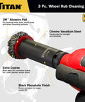 Pro Grade Wheel Hub Cleaning Kit with half inch drive impact socket and 2 inch abrasive pad labeled features.