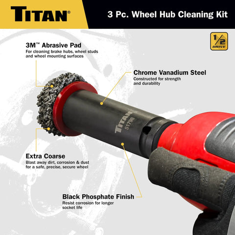 Pro Grade Wheel Hub Cleaning Kit with half inch drive impact socket and 2 inch abrasive pad labeled features.