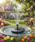 2.5W Solar Fountain Pump with 6 Nozzles for Bird Bath Garden Pond Pool Fish Tank Outdoor Water Feature in a vibrant garden setting