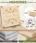 Close-up of 11x11 Inch Dope Extra Large Flower Press Kit with 10 wooden layers, showing wood texture and pressed flower examples.