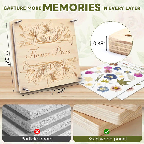 Close-up of 11x11 Inch Dope Extra Large Flower Press Kit with 10 wooden layers, showing wood texture and pressed flower examples.