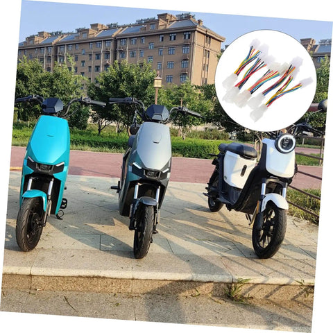 Three electric bikes parked with inset of Five Piece Electric Bike Motor Cable Extension Harness Set For Quick Easy Install With Durable Connectors No Fuss Compatible With Most E Bike Models And Brands Motor Conversion Accessory For Upgrades.
