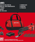 Cordless Oscillating Tool Kit With Blades, Sandpaper, Battery And Charger Included, Variable Speed Dial, LED Work Light, Tool-Free Universal Attachment, V20 System Compatible, Pro Grade Multi Tool For DIY Projects displayed with accessories on red background.