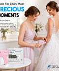Plug And Play Tagging Machine For Clothing Merchants loaded with heavy duty fasteners, being used on a wedding gown.