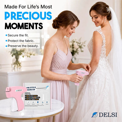 Plug And Play Tagging Machine For Clothing Merchants loaded with heavy duty fasteners, being used on a wedding gown.