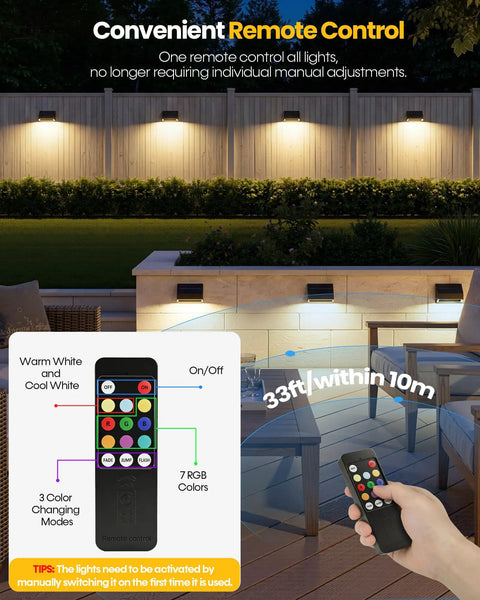 4 Pack Solar Fence Lights with Remote Control, Ultra Bright 100 Lumen, shown illuminating a garden patio at night.