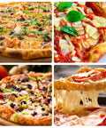 Collage of various pizzas with toppings on 16 inch perforated pizza pan with holes for oven, heavy duty aluminum baking tray.